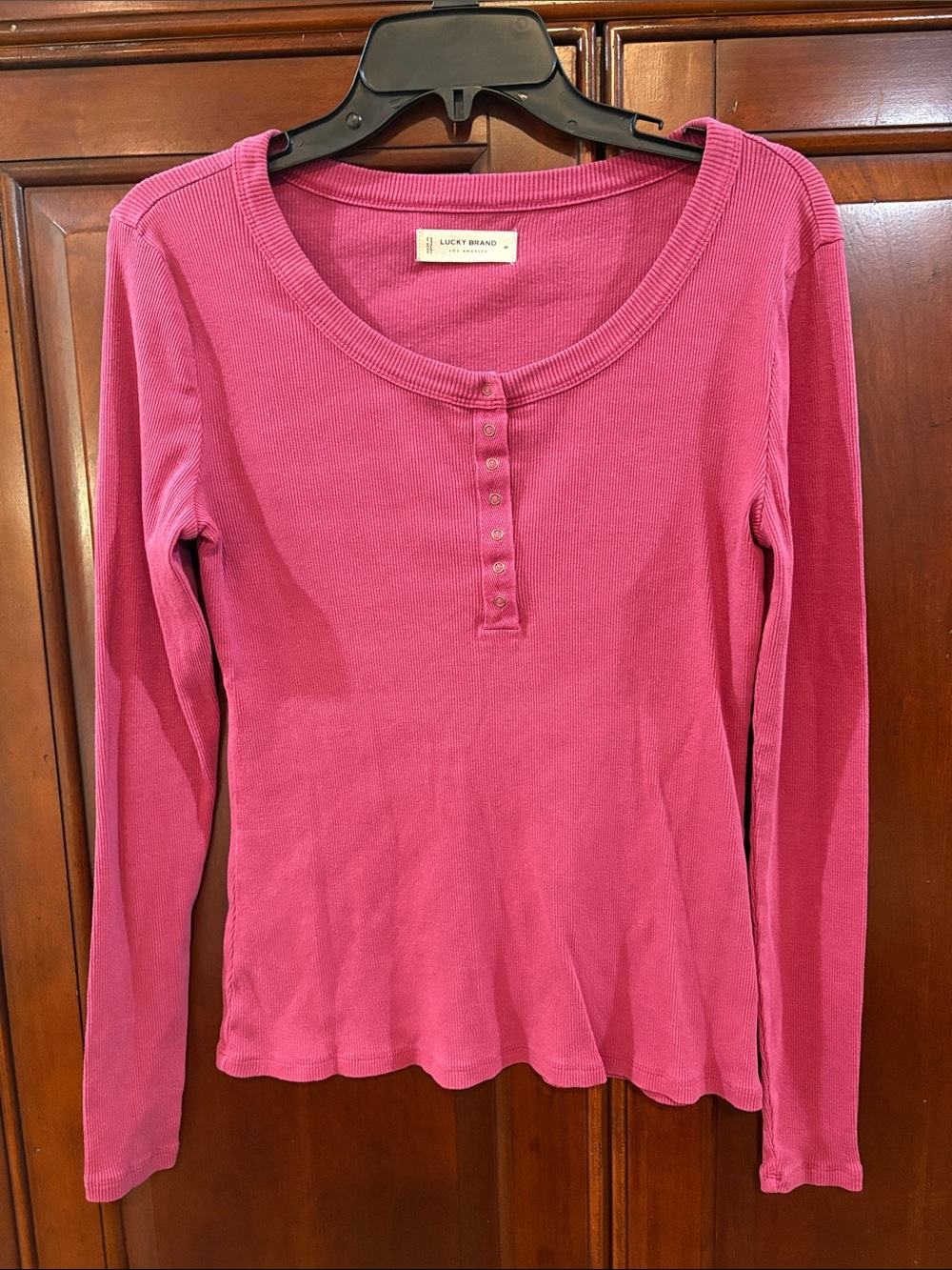 Lucky Brand Fuchsia Ribbed Henley Long-Sleeve Top